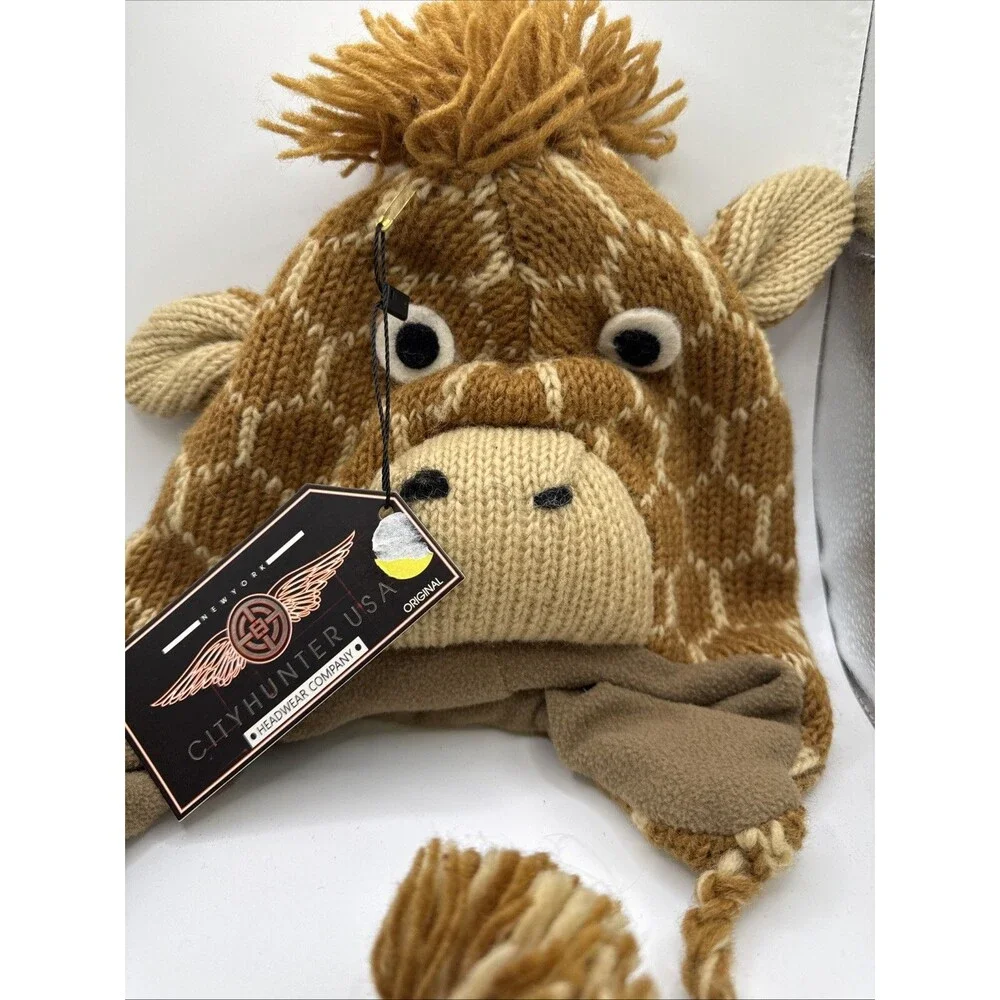 City Hunter Warm Lined Wool Knit Pilot Ski Hat Animal Giraffe Beanie Kids Youth